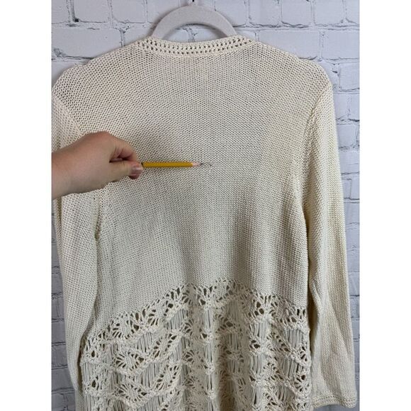 CHICO'S ivory cotton blend knit lace fringe open front cardigan sweater size 2 L - Picture 7 of 9